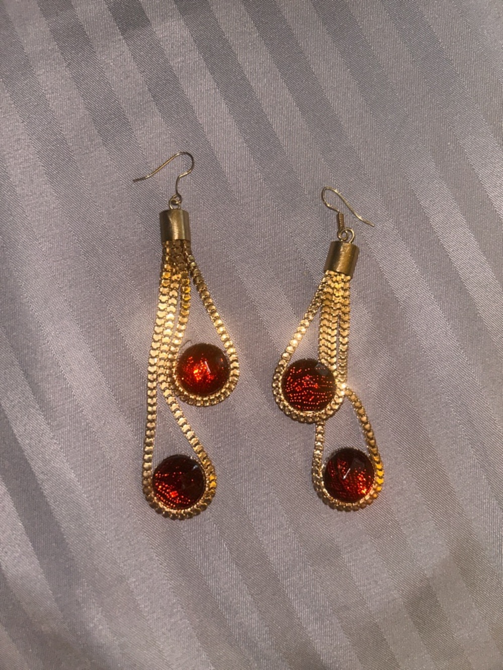 Gold Drop Earrings with Red Glass Cabochons